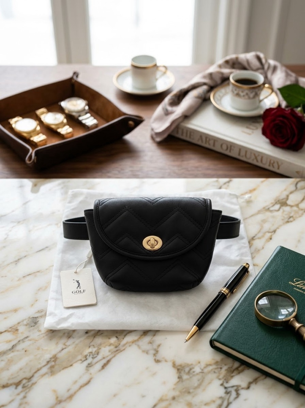 Golf Black Quilted Mini Belt Bag with Gold Turn-Lock